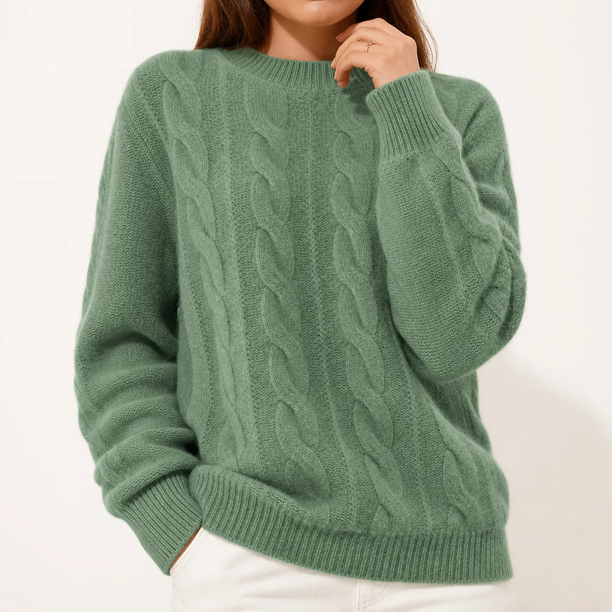 Green cable knit sweater - studio view