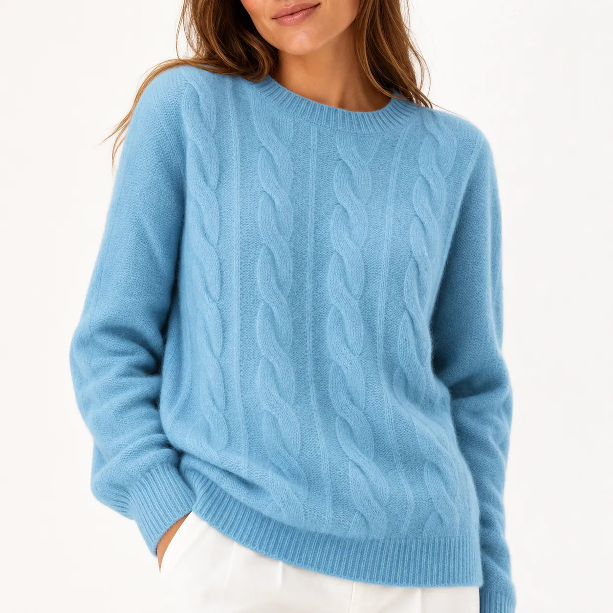 Blue cable knit sweater - angled view