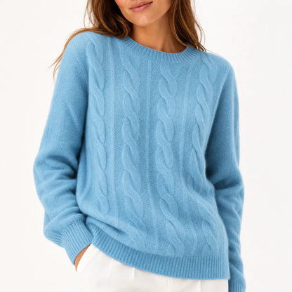 Blue cable knit sweater - angled view