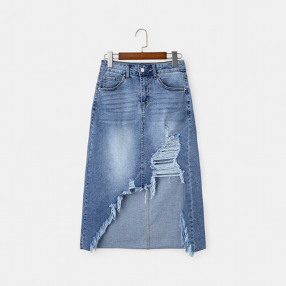 Vivienne | Distressed Asymmetric Raw Hem Denim Midi Skirt