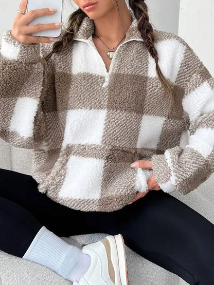 Women's Plaid Half Zip Sweater Long Sleeve Knit Pullover Casual Warm Cosy Ladies Checked Print Top Everyday Autumn Winter