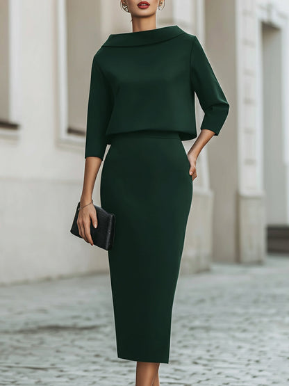 Women's Two Piece Set Cowl Neck Top Bodycon Midi Skirt Evening Formal