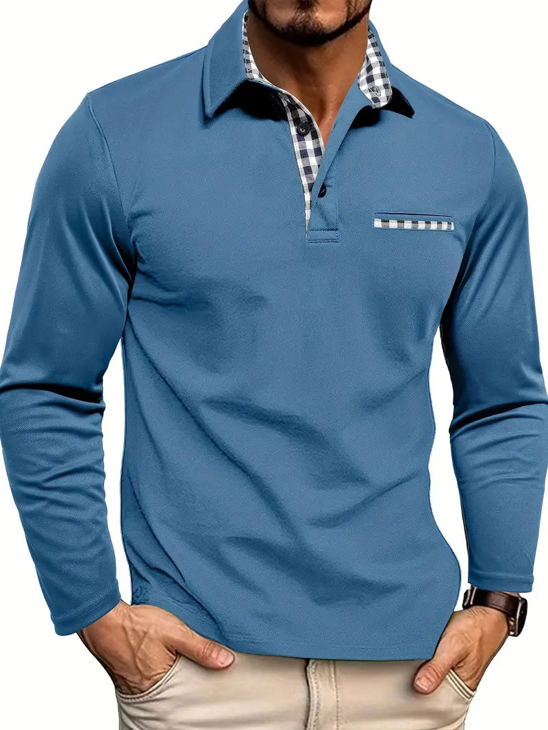 Men's Long Sleeve Polo Shirt Winter Warm Classic Casual Navy