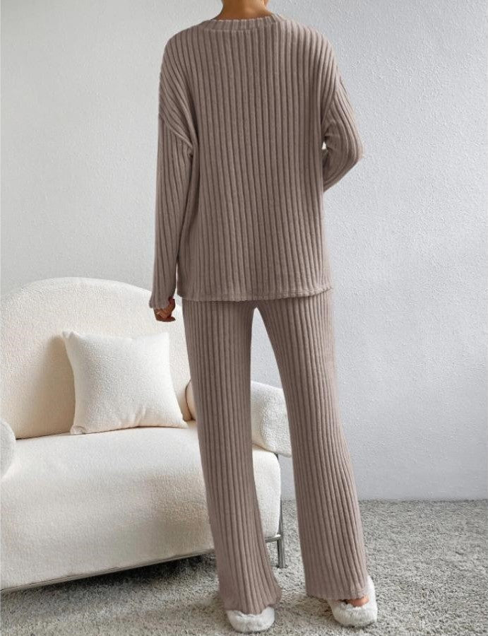 Women's Ribbed Two Piece Set V-Neck Jumper Wide Leg Pants Relaxed Fit