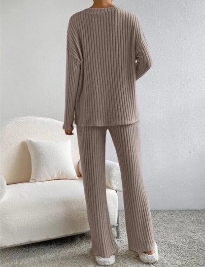 Women's Ribbed Two Piece Set V-Neck Jumper Wide Leg Pants Relaxed Fit