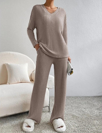 Women's Ribbed Two Piece Set V-Neck Jumper Wide Leg Pants Relaxed Fit