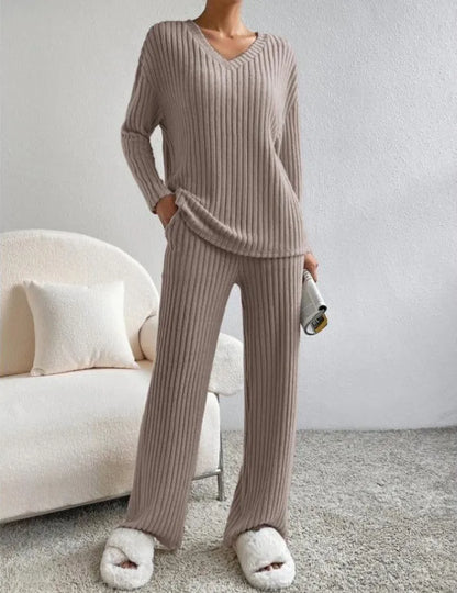 Women's Ribbed Two Piece Set V-Neck Jumper Wide Leg Pants Relaxed Fit