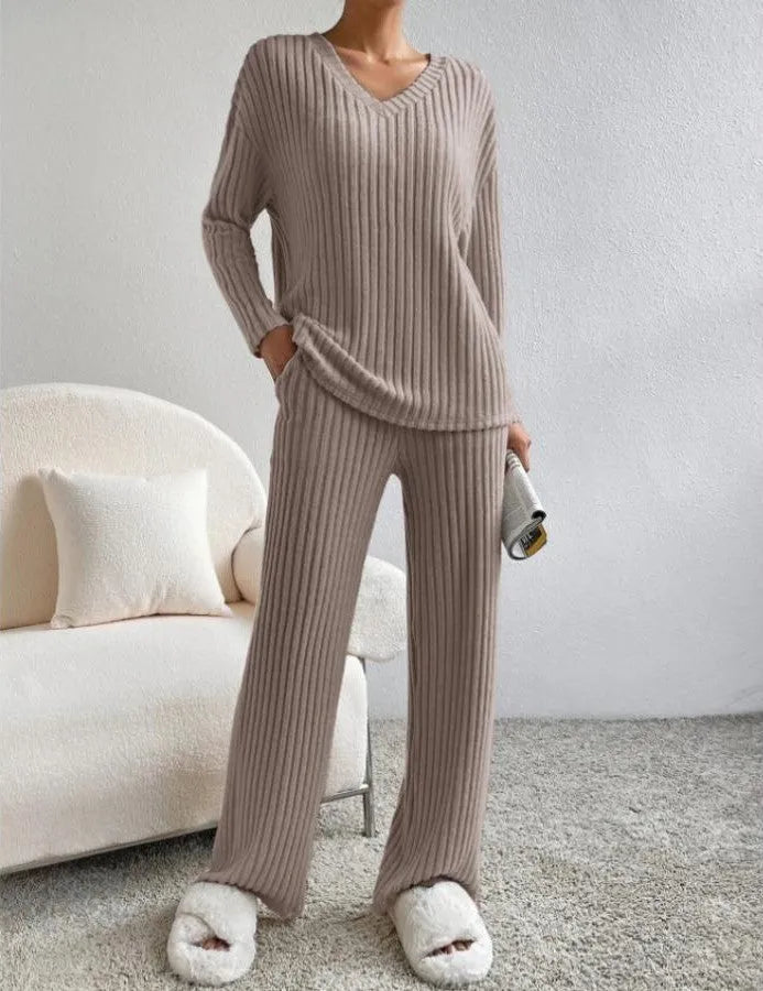 Women's Ribbed Two Piece Set V-Neck Jumper Wide Leg Pants Relaxed Fit