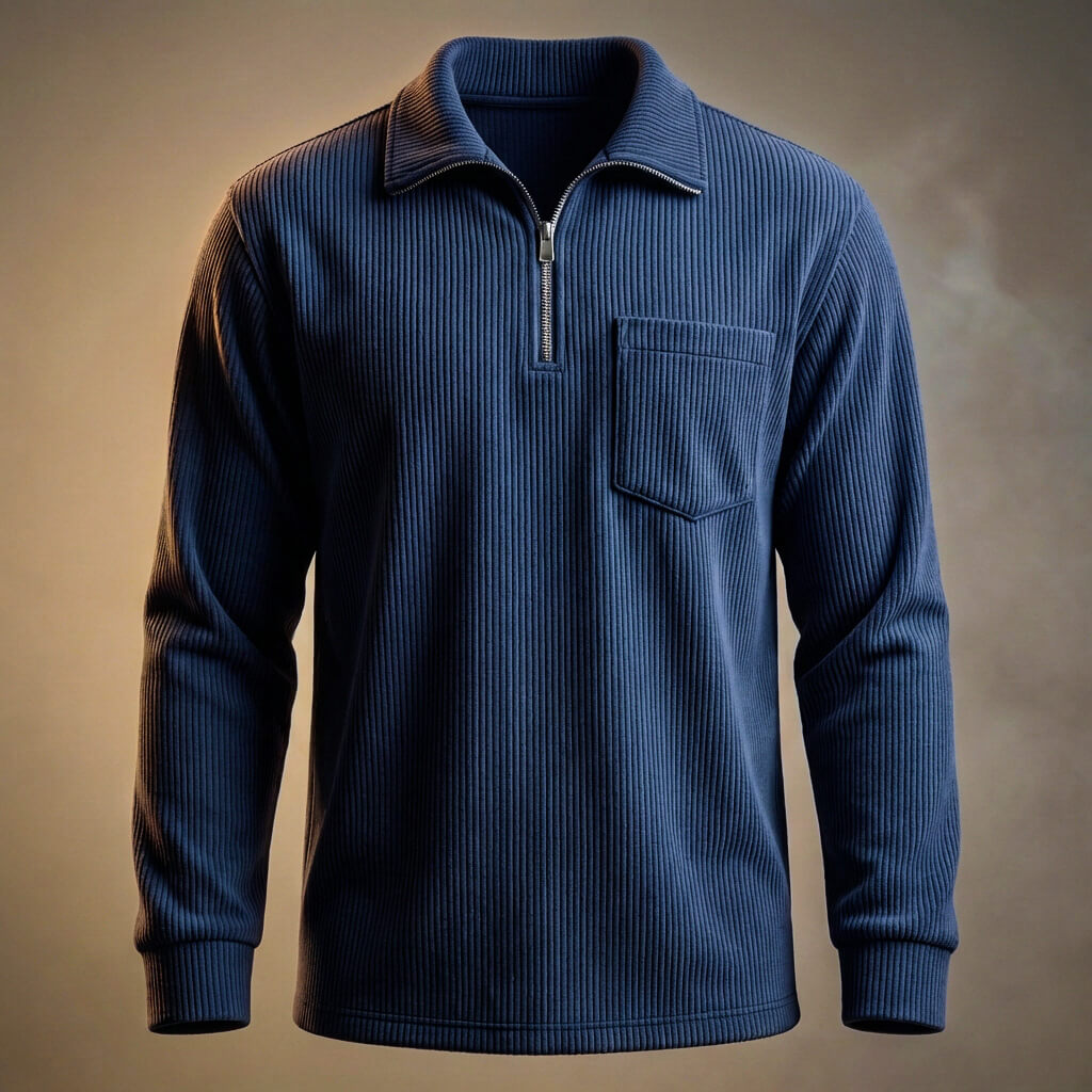 Men's Quarter Zip Polo Neck Jumper Long Sleeve Ribbed Chest Pocket Navy