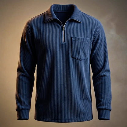 Men's Quarter Zip Polo Neck Jumper Long Sleeve Ribbed Chest Pocket Navy