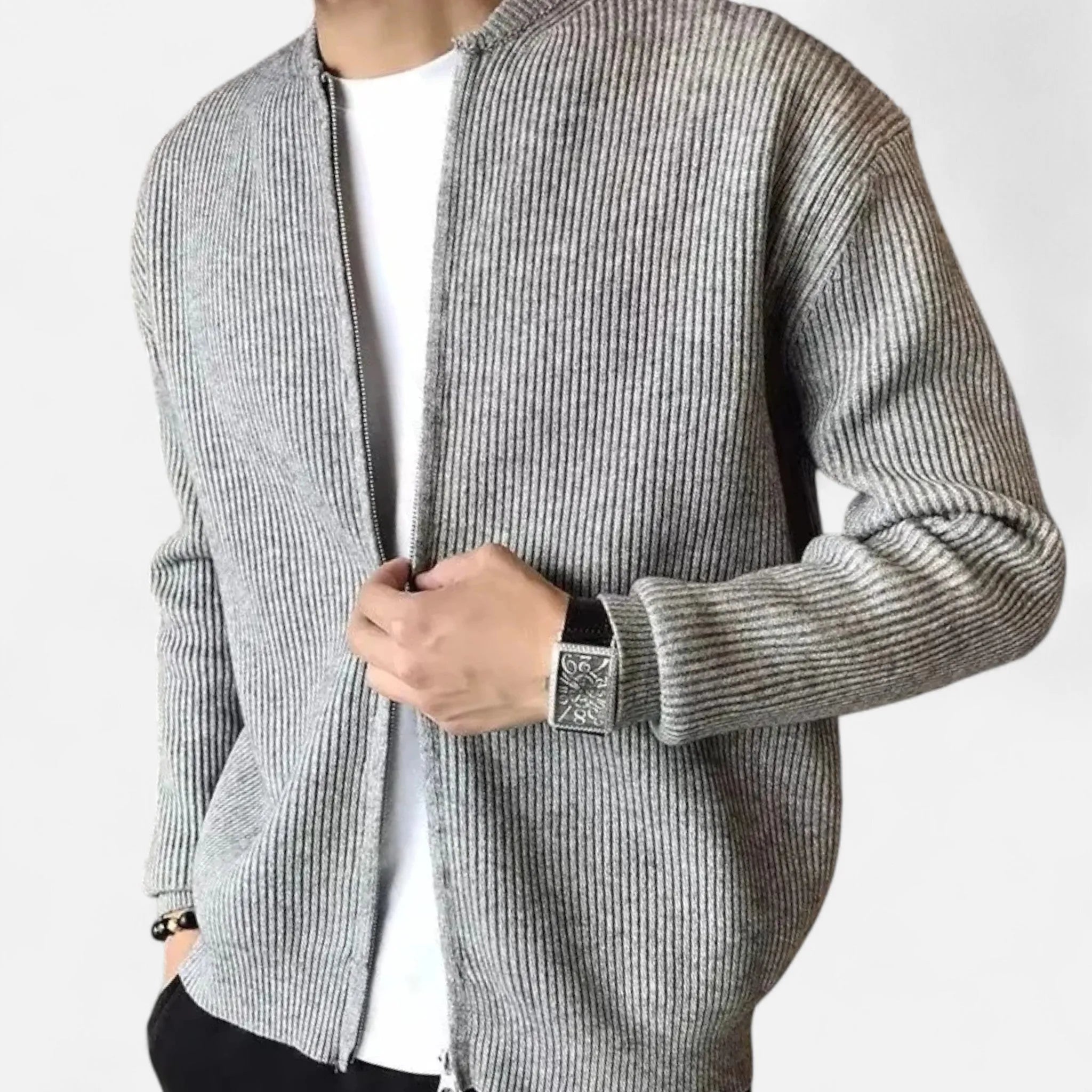 Men's Zip-Up Jumper Ribbed Knit Cardigan Round Neck Long Sleeves