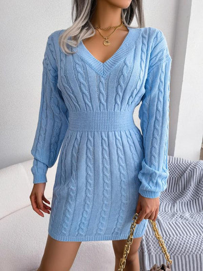 Cable Knit Sweater Dress Long Sleeve V-Neck Cosy Knitted Midi Dress Women Autumn Winter