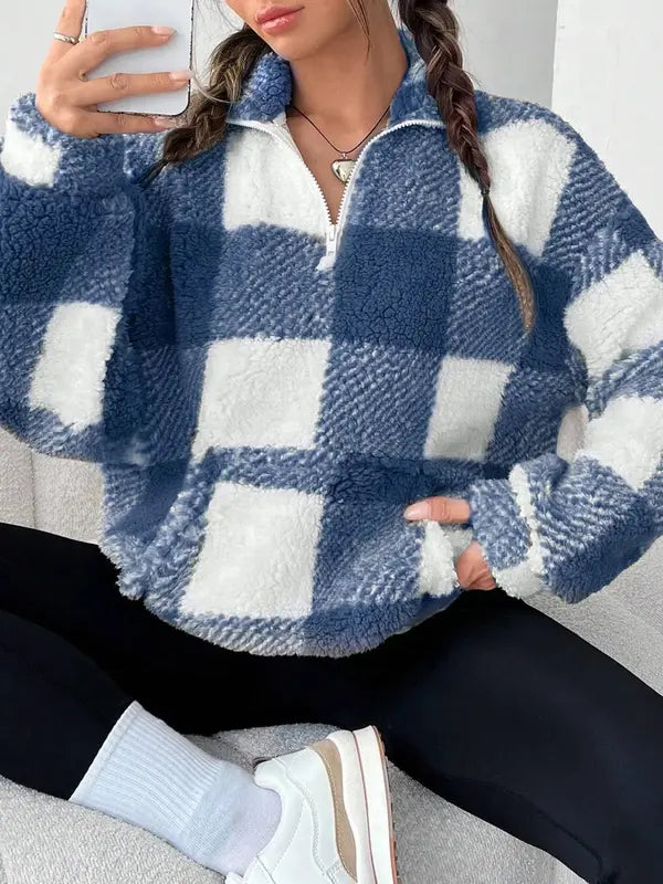 Women's Plaid Half Zip Sweater Long Sleeve Knit Pullover Casual Warm Cosy Ladies Checked Print Top Everyday Autumn Winter
