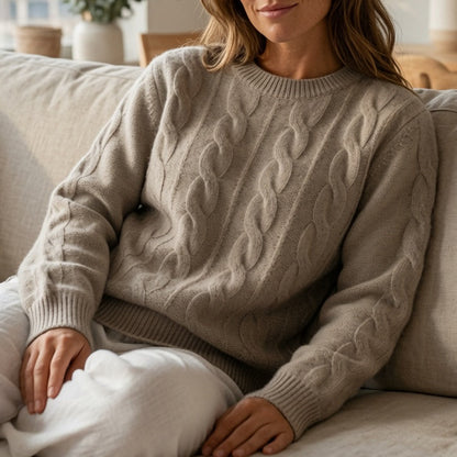 Cable Knit Wool Cashmere Sweater Crew Neck Warm Winter Pullover
