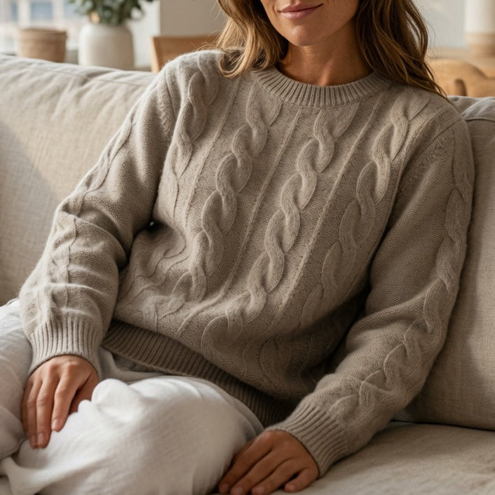 Cable Knit Wool Cashmere Sweater Crew Neck Warm Winter Pullover