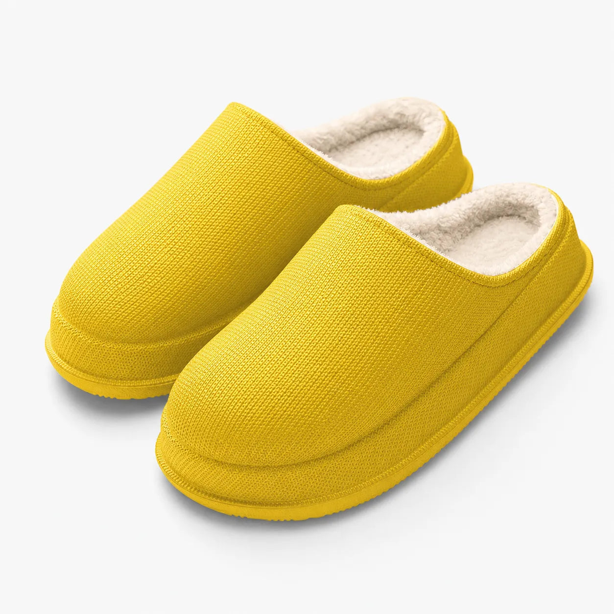 Yellow plush slippers pair - studio view