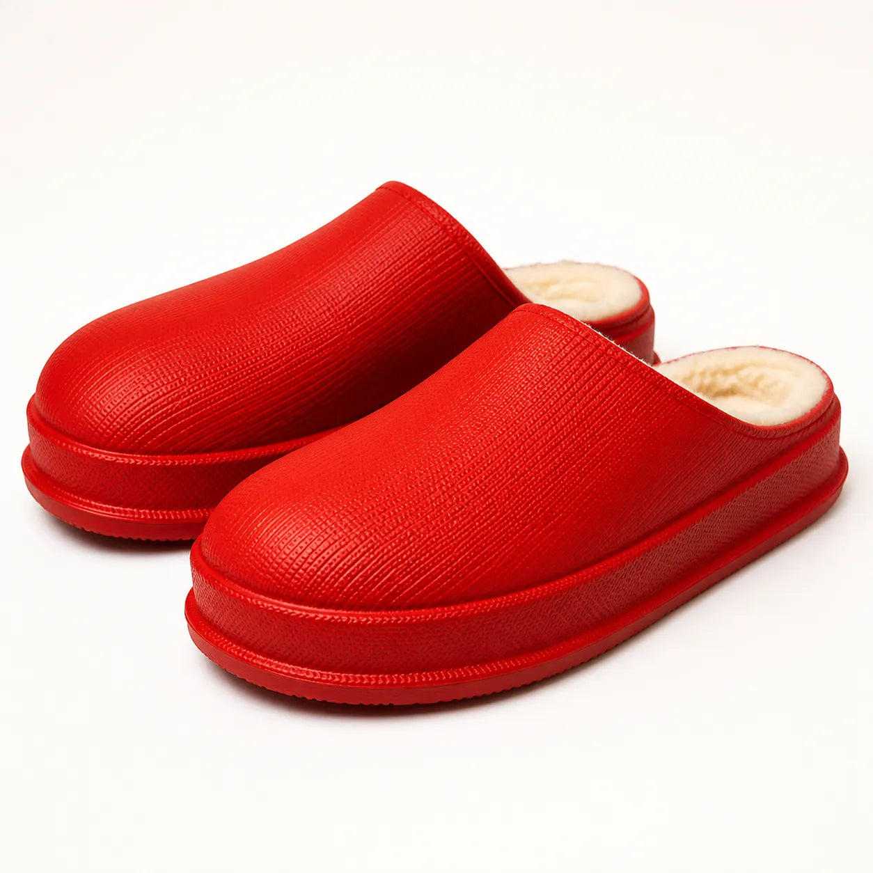 Red plush slippers pair - studio view