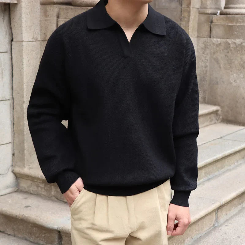 Men's V Neck Jumper Long Sleeve Textured Knit Polo Collar Relaxed Fit