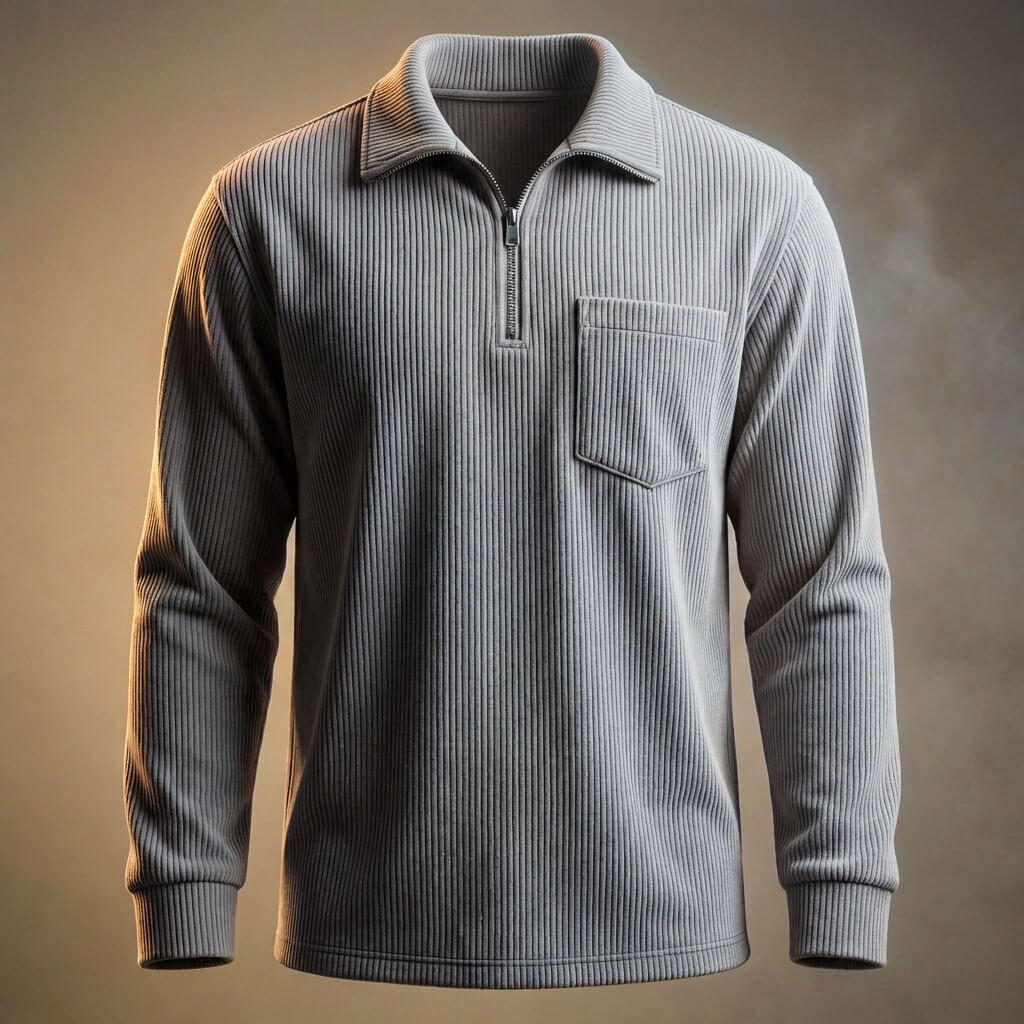 Men's Quarter Zip Polo Neck Jumper Long Sleeve Ribbed Texture Chest Pocket