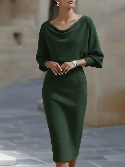 Women's Bodycon Midi Dress Draped Cowl Neck Batwing Sleeves Evening
