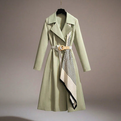 Women's Belted Midi Coat Tailored Contrast Panel Smart Casual Formal