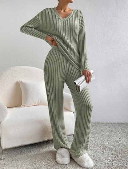 Women's Ribbed Two Piece Set V-Neck Jumper Wide Leg Pants Relaxed Fit