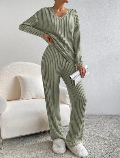 Women's Ribbed Two Piece Set V-Neck Jumper Wide Leg Pants Relaxed Fit