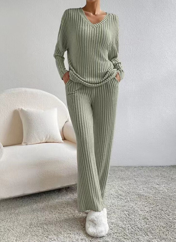 Women's Ribbed Two Piece Set V-Neck Jumper Wide Leg Pants Relaxed Fit