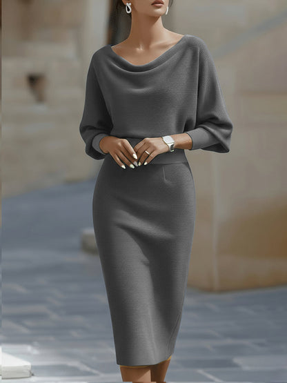 Women's Bodycon Midi Dress Draped Cowl Neck Batwing Sleeves Evening