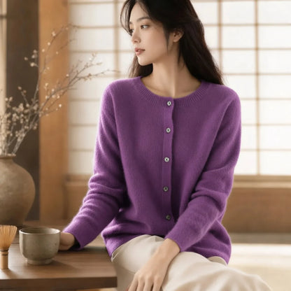 Women's Merino Wool Cardigan O-Neck Cashmere Jumper Warm Knit