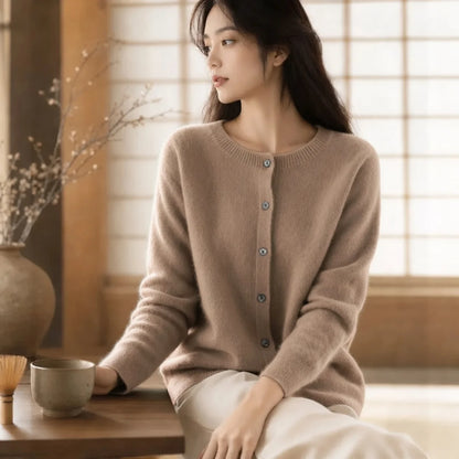 Women's Merino Wool Cardigan O-Neck Cashmere Jumper Warm Knit