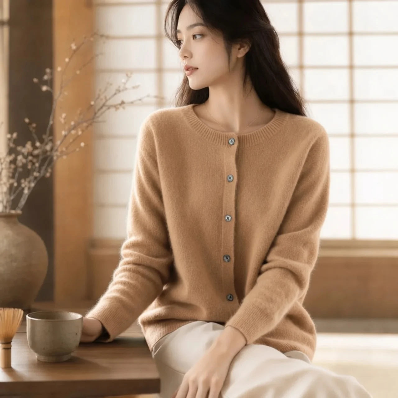 Women's Merino Wool Cardigan O-Neck Cashmere Jumper Warm Knit