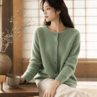 Women's Merino Wool Cardigan O-Neck Cashmere Jumper Warm Knit