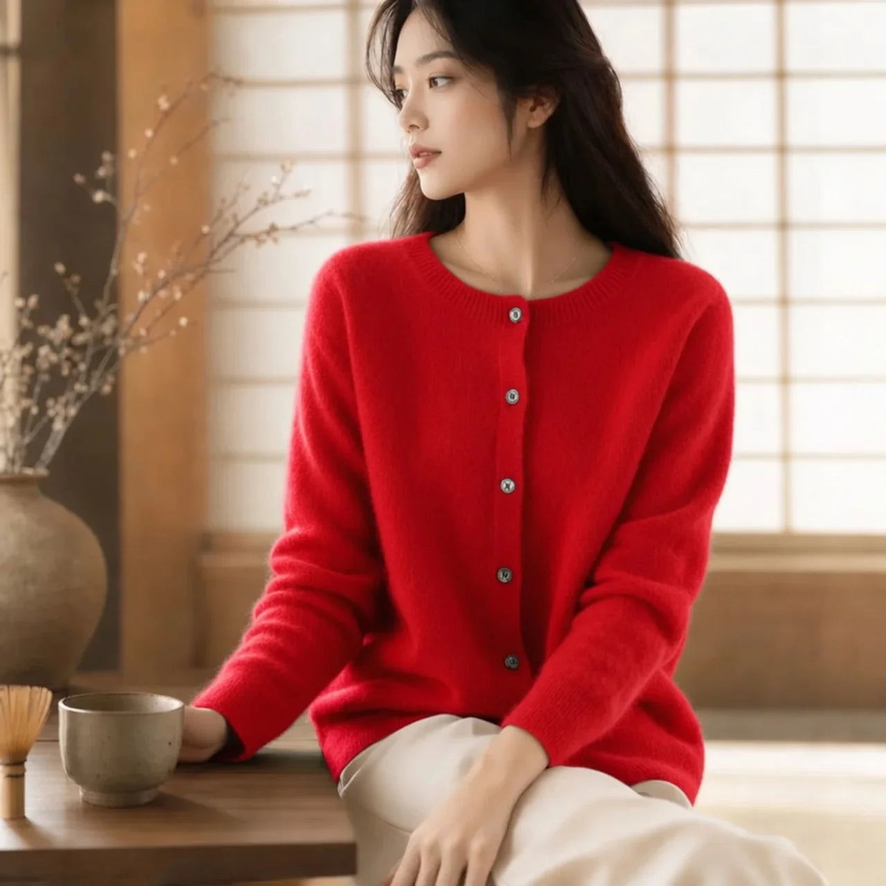Women's Merino Wool Cardigan O-Neck Cashmere Jumper Warm Knit