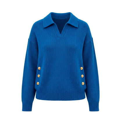 Women's Polo Knit Jumper V-Neck Gold Button Detail Relaxed Fit
