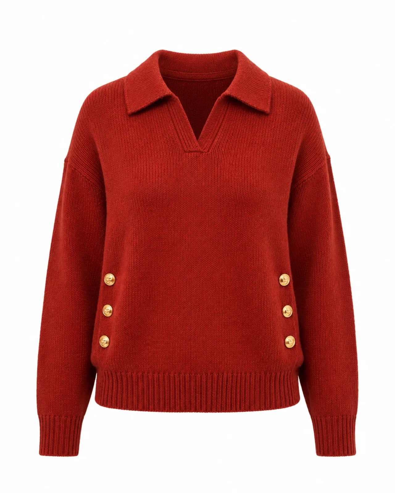 Women's Polo Knit Jumper V-Neck Gold Button Detail Relaxed Fit