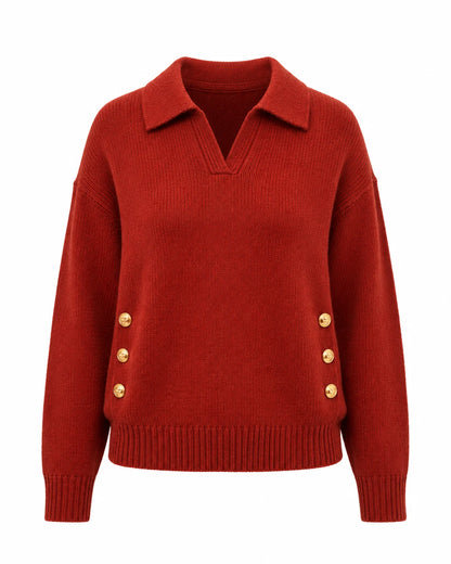 Women's Polo Knit Jumper V-Neck Gold Button Detail Relaxed Fit