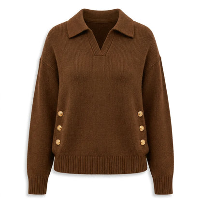 Women's Polo Knit Jumper V-Neck Gold Button Detail Relaxed Fit