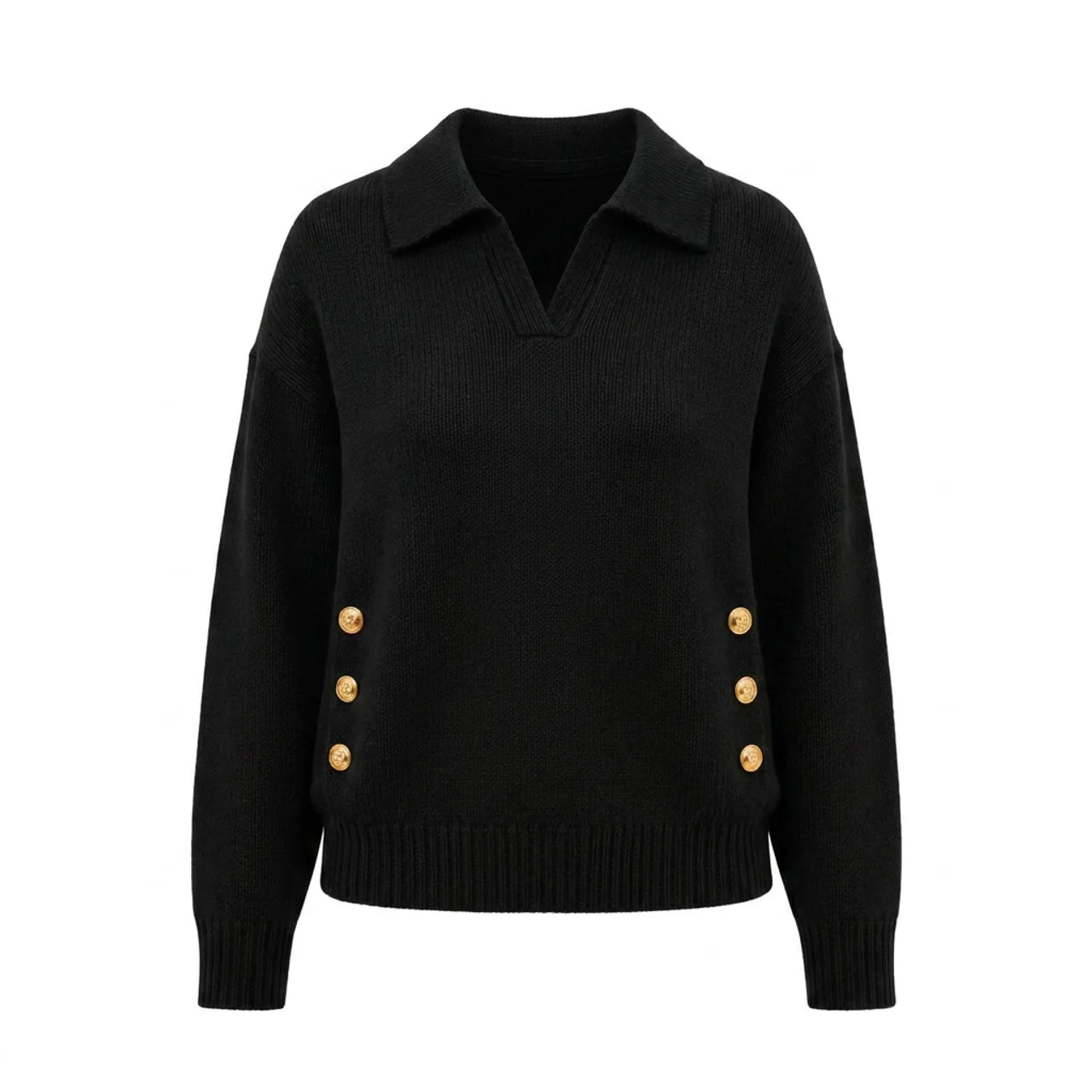 Women's Polo Knit Jumper V-Neck Gold Button Detail Relaxed Fit