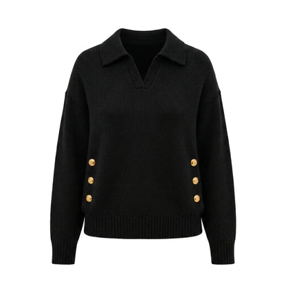 Women's Polo Knit Jumper V-Neck Gold Button Detail Relaxed Fit