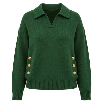 Women's Polo Knit Jumper V-Neck Gold Button Detail Relaxed Fit