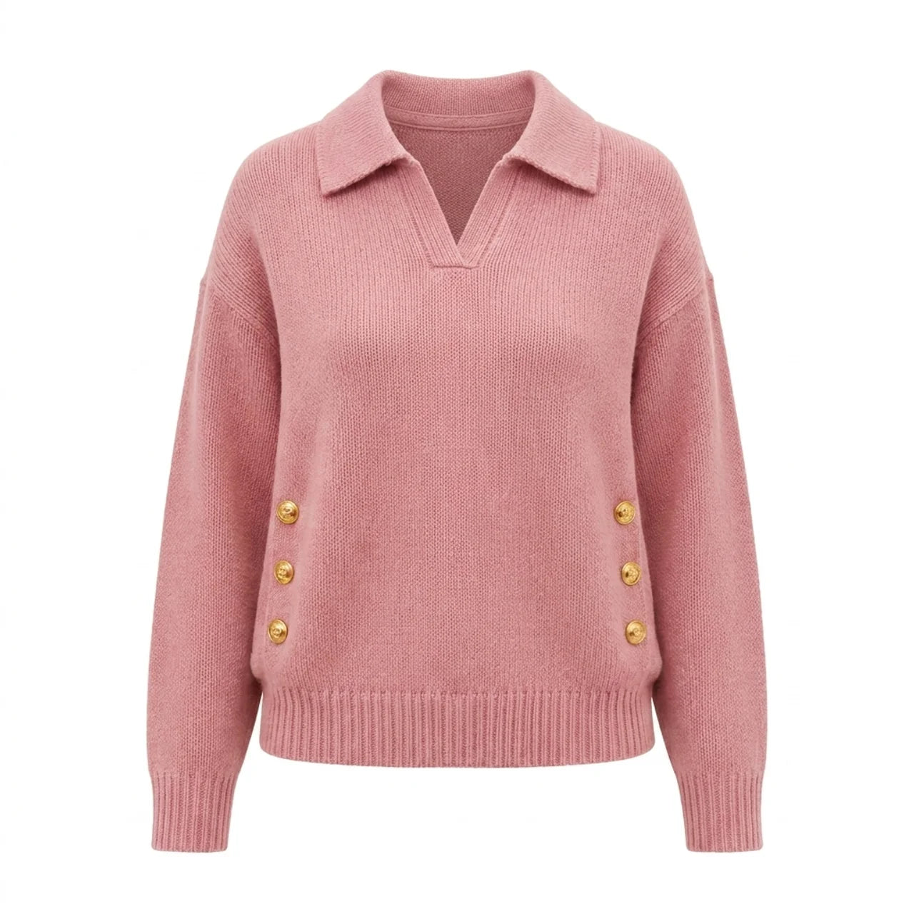 Women's Polo Knit Jumper V-Neck Gold Button Detail Relaxed Fit