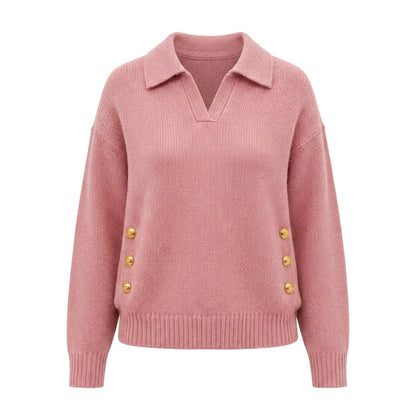 Women's Polo Knit Jumper V-Neck Gold Button Detail Relaxed Fit