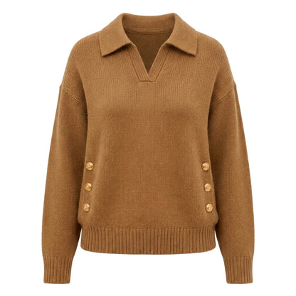 Women's Polo Knit Jumper V-Neck Gold Button Detail Relaxed Fit