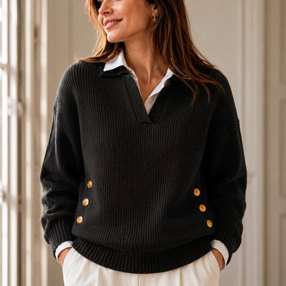 Women's Polo Knit Jumper V-Neck Gold Button Detail Relaxed Fit