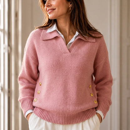 Women's Polo Knit Jumper V-Neck Gold Button Detail Relaxed Fit