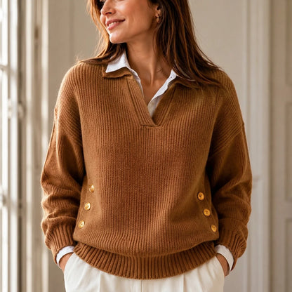 Women's Polo Knit Jumper V-Neck Gold Button Detail Relaxed Fit