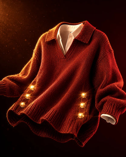 Women's Polo Knit Jumper V-Neck Gold Button Detail Relaxed Fit