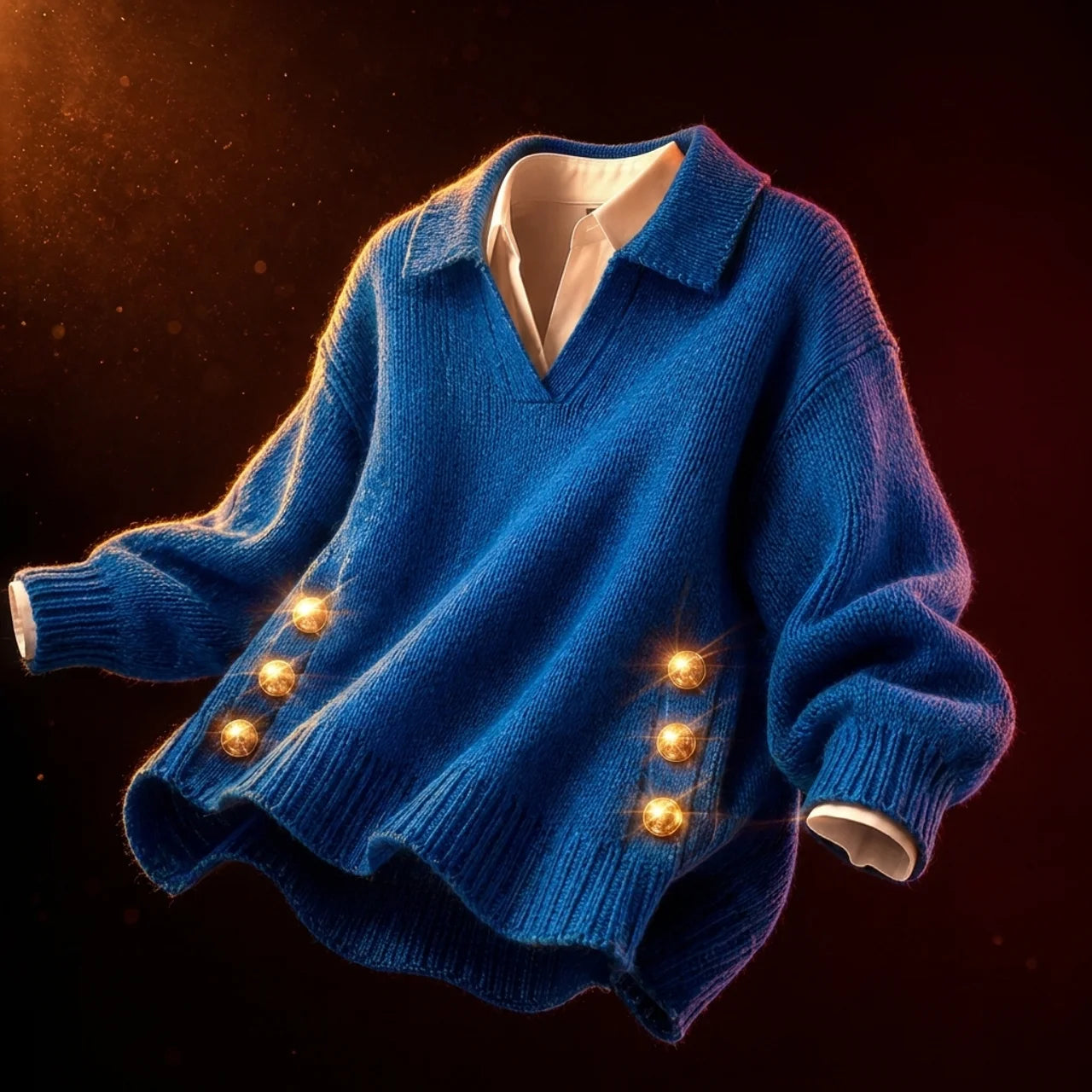 Women's Polo Knit Jumper V-Neck Gold Button Detail Relaxed Fit
