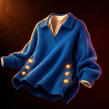 Women's Polo Knit Jumper V-Neck Gold Button Detail Relaxed Fit